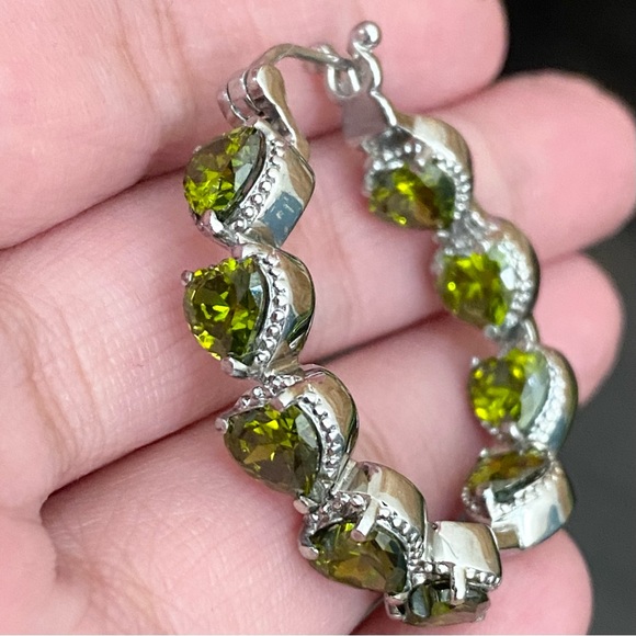 Stainless Steel Simulated Diamond Avocado Green Peridot Inside Out Hoop Earrings - Picture 12 of 15